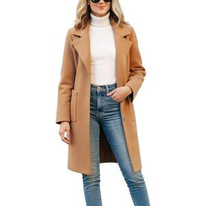 Women's Camel Winter Wool Blend Single-Breasted Notch Lapel Mid-Length Coat